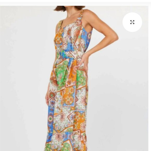 Current Air Patchwork Linen Blend Square Neck Sleeveless Belted Dress - Picture 2 of 3